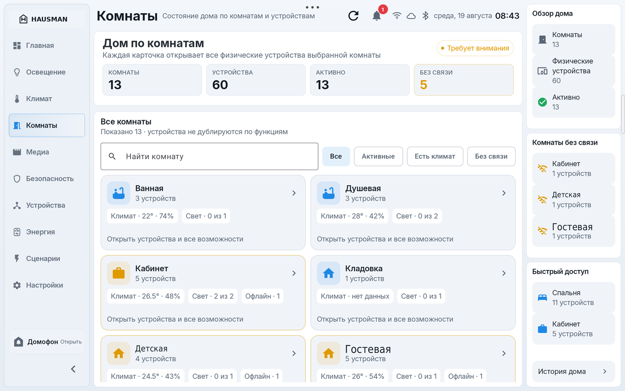 Раздел комнат Hausman: карточки комнат с климатом, светом и связью